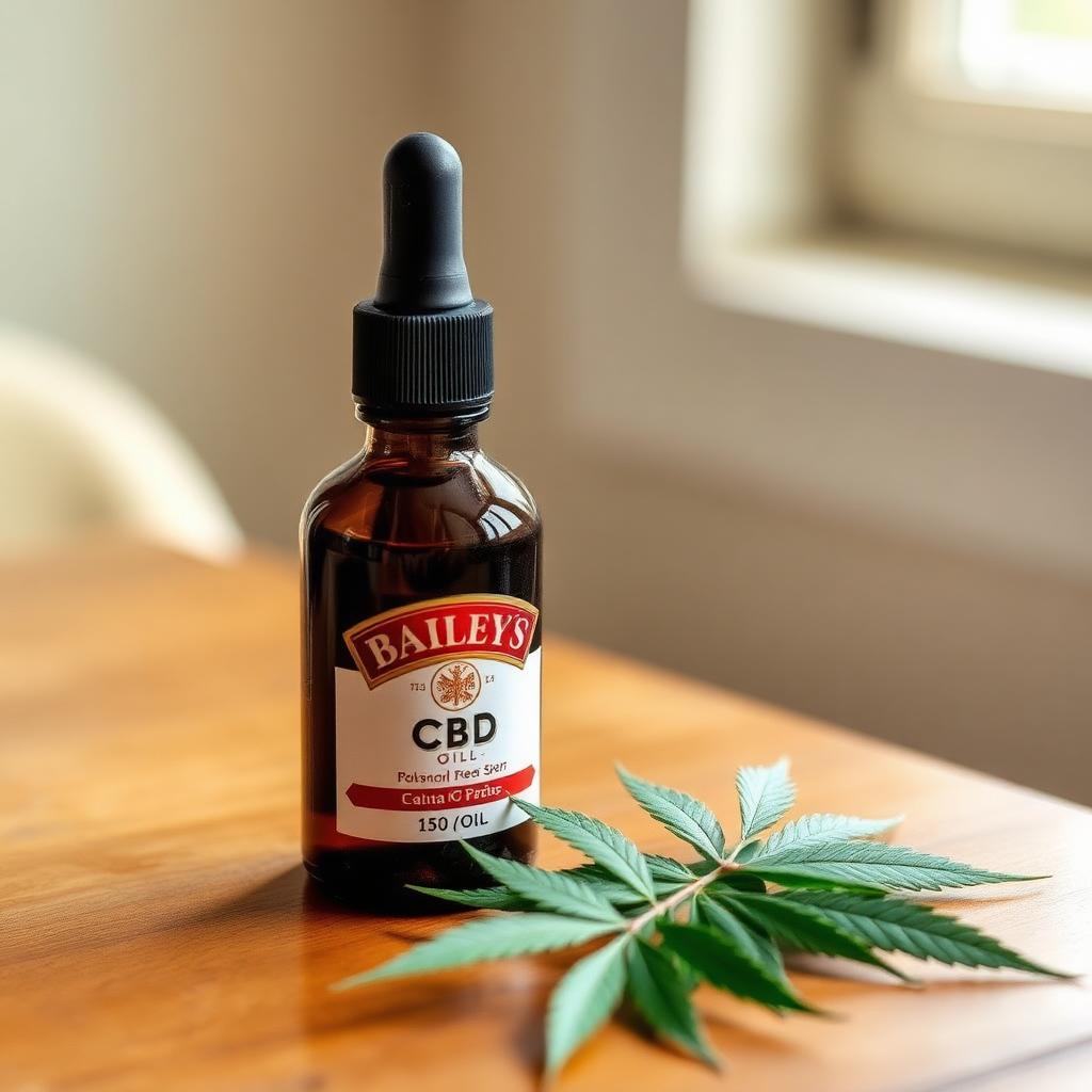 Bailey's CBD tincture bottle on a warm wooden table with fresh hemp leaves